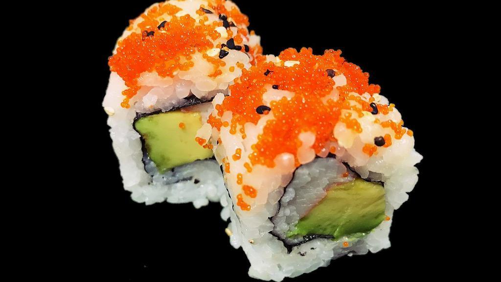 California Roll · Crab stick and avocado inside topped with masago.