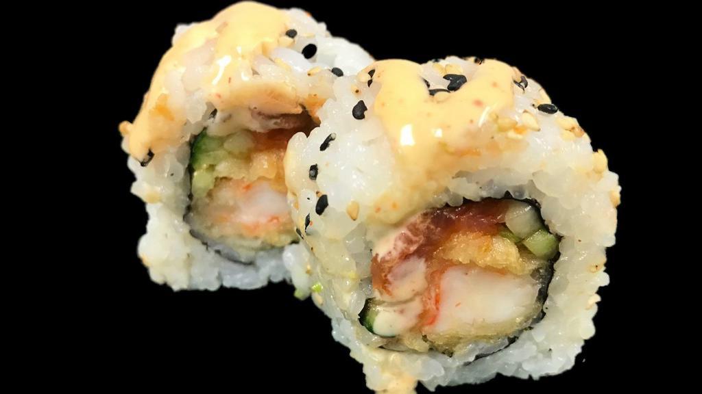 Crazy Roll · Shrimp tempura, cucumber and spicy tuna topped with spicy mayo.
