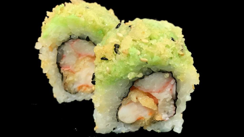 Wasabi Roll · Shrimp tempura and crab stick topped with tempura flakes and wasabi sauce.