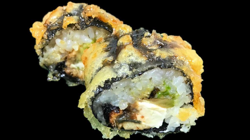 Insane Eel Roll · Eel, cream cheese and avocado prepared tempura style and topped with eel sauce.