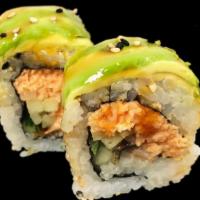 Caterpillar Roll · Eel, cucumber and spicy mayo scallop topped with avocado and eel sauce.