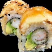 Samu Roll · Shrimp tempura, eel and avocado topped with tempura flounder and eel sauce.