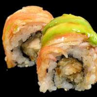 Crispy Chic Roll · Chicken tempura and spicy mayo topped with avocado and crab stick splashed with eel sauce.