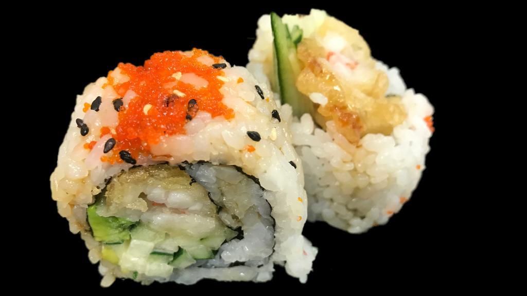 Lobster Roll · Lobster tempura, cucumber, avocado and spicy mayo topped with masago.