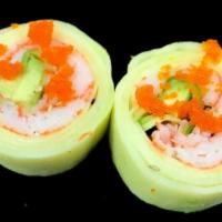 Cucumber Special Roll · Crab stick, avocado and masago wrapped with cucumber served with rice vinegar sauce. (No Rice)