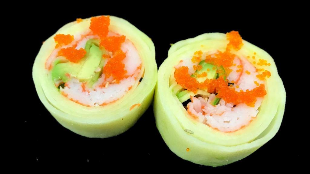 Cucumber Special Roll · Crab stick, avocado and masago wrapped with cucumber served with rice vinegar sauce. (No Rice)