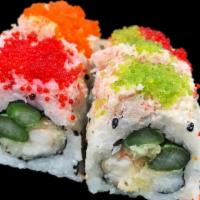 Little Cesar Roll · Shrimp tempura, asparagus topped with snow crab, masago, red tobiko, wasabi tobiko and cream...