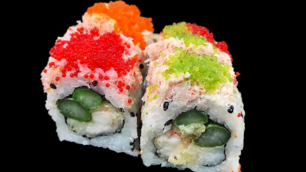 Little Cesar Roll · Shrimp tempura, asparagus topped with snow crab, masago, red tobiko, wasabi tobiko and creamy white sauce.