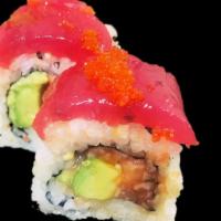 Red Dragon Roll · Spicy seafood mix and avocado topped with tuna, masago and eel sauce.