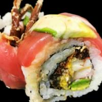 Vegas Roll · Soft shell crab tempura, crab stick and avocado topped with tuna, masago, spicy mayo, wasabi...