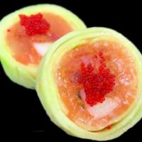 Victoria Secret Roll · Salmon, spicy tuna and crab stick wrapped with peeled cucumber topped with red tobigo and po...