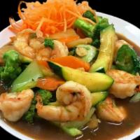 Bangkok Shrimp · Shrimp stir-fried with bamboo shoots, mushrooms, zucchini, jalapeños, bok choy, and broccoli...