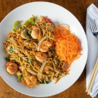 Basil Lo Mein · Lo mein noodles tossed with basil leaves, cabbage, carrots, onions, scallions, bell peppers ...