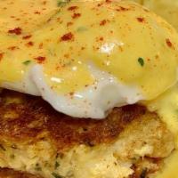 Crab Cake Benedict · House crab cake, cured ham slice, poached egg, English muffin, hollandaise served with smoke...