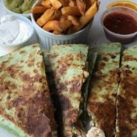 Supreme Quesadilla · Grilled chicken or shrimp. Grilled onions, bell peppers, mushrooms and cheese with sides of ...