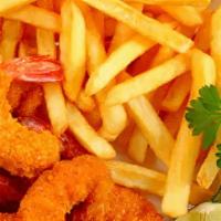 Fried Shrimp & Fries · Juicy and fresh fried shrimp with handcut house fries.