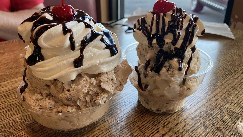 Sundae · Any single scoop of ice cream topped with a variety of delicious sauces and toppings. Choose or ask about our Custom Homemade Sundaes. Awesome.