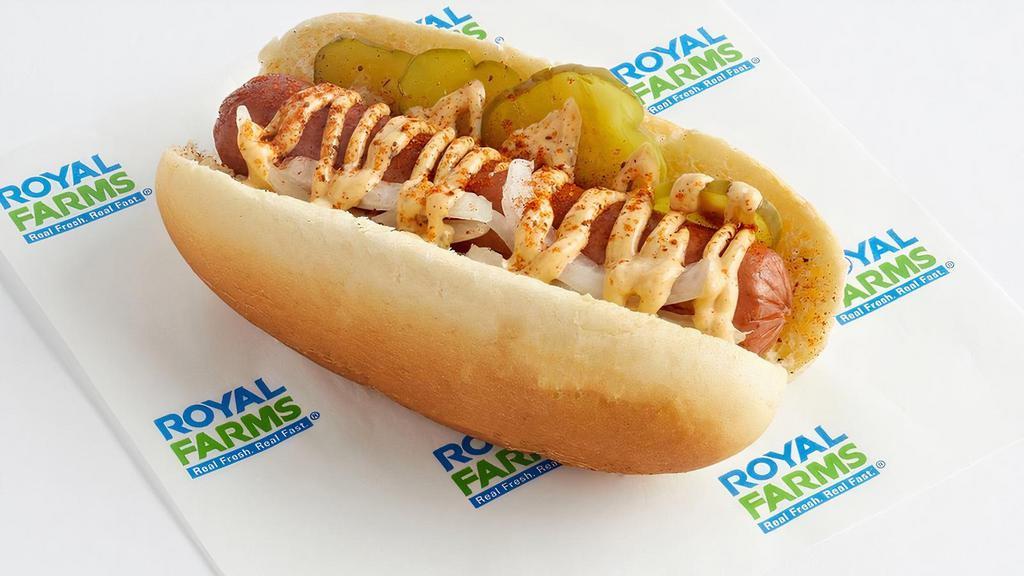Chesapeake Hot Dog · Hot Dog with Onions, Pickles, Chesapeake Bay Seasoning, and 8 Onion Slivers