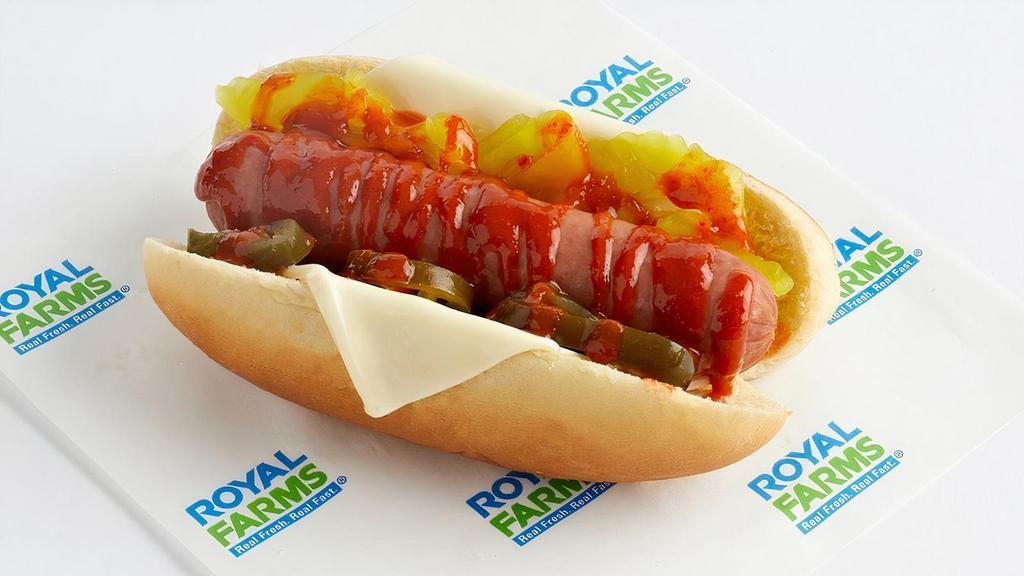 Atomic Hot Dog · Hot Dog with Pepper Jack Cheese, Banana Peppers, Jalapeno Peppers, and Sriracha