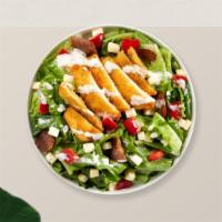 Chicken Salad · Fresh green lettuce mix, tomatoes, onion, green peppers, black and green olives and cheese w...
