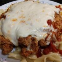 Lunch Chicken Parmigiana · Breaded fried, fried, and baked with sauce, and mozzarella.