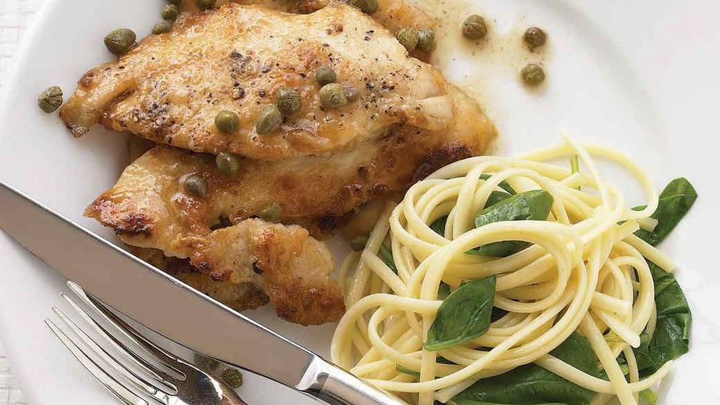 Lunch Chicken Piccata · Lemon butter white wine sauce with capers.