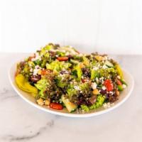 Greek Salad · lettuce, cucumber, tomatoes, bell pepper, Kalamata olives, pepperoncini, garbanzo beans, Fet...