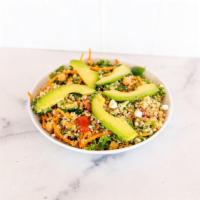 Quinoa Bowl · quinoa, carrots, cucumber, feta, avocado, green peppers, tomatoes, scallion mix, garbanzo be...