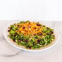 Kale Salad · kale, cabbage, quinoa, scallion mix, craisins, carrots, crushed peanuts, hemp seeds, peanut ...