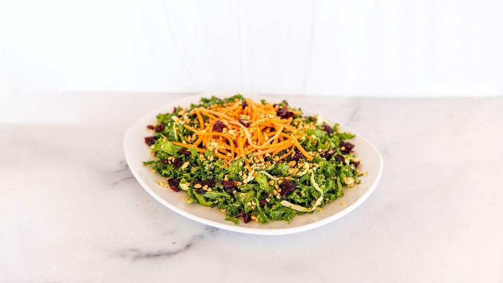 Kale Salad · kale, cabbage, quinoa, scallion mix, craisins, carrots, crushed peanuts, hemp seeds, peanut dressing.