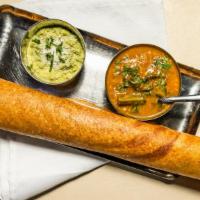 Masala Dosa · Vegan. Gluten-free. Crispy crape made with lentils and rice. Served with spiced potatoes, sa...