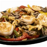 -Fajita Mix · Asada, pollo y camaron.  Shrimp, steak & chicken, served with rice, beans and salad.