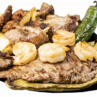 -Super Parrilada For One Person · Pork ribs, steak chicken breast, shrimp, carnitas, Mexican sausage(chorizo), two different o...