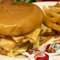 Chicken Hamburger W/Fries · Grill Chicken Breast, Cheese, Lettuce, Slice Tomatoe, Slice Onions