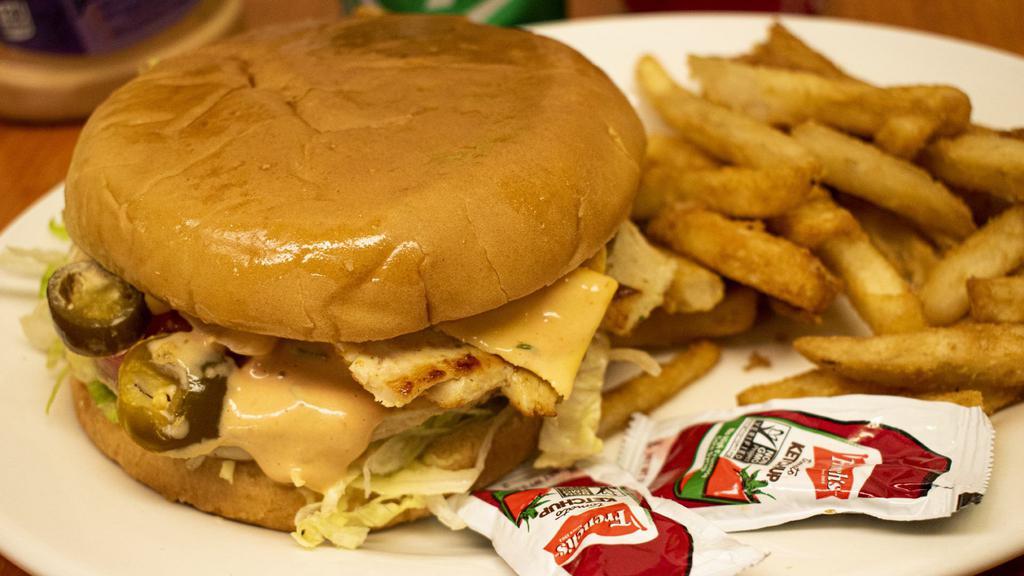 Chicken Hamburger W/Fries · Grill Chicken Breast, Cheese, Lettuce, Slice Tomatoe, Slice Onions