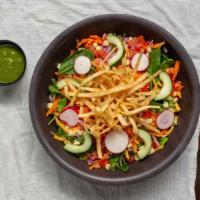 Tipsy Casa Salad · Mixed greens, carrot, cucumber, tomato, red onion, corn, cheddar, bacon, & tortilla strips