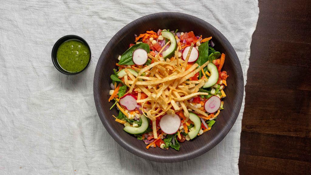 Tipsy Casa Salad · Mixed greens, carrot, cucumber, tomato, red onion, corn, cheddar, bacon, & tortilla strips