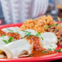 Enchiladas · Three corn tortillas topped with queso and enchilada sauce. Served with rice and beans, and ...