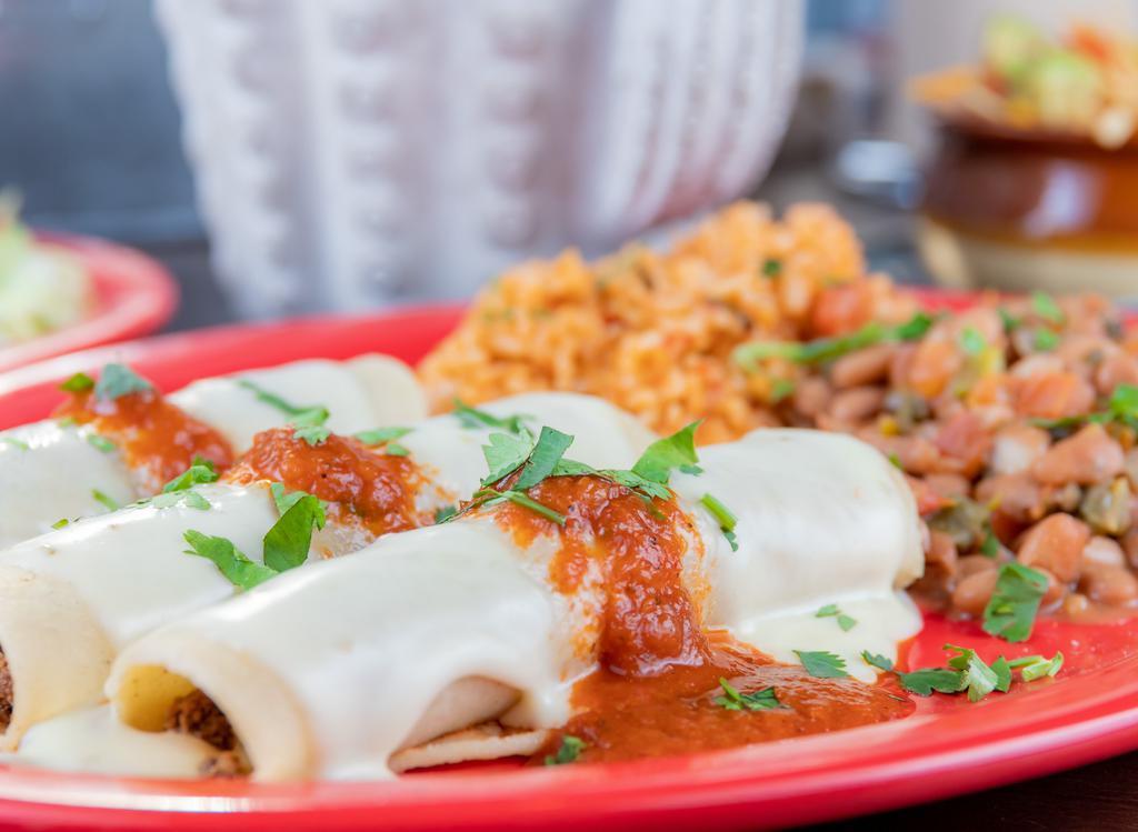 Enchiladas · Three corn tortillas topped with queso and enchilada sauce. Served with rice and beans, and garnished with cilantro!