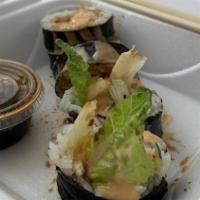 Scallop Tempura Roll · Avocado, cucumber, spicy mayo, scallop tempura,  and cream cheese served with special sauce.