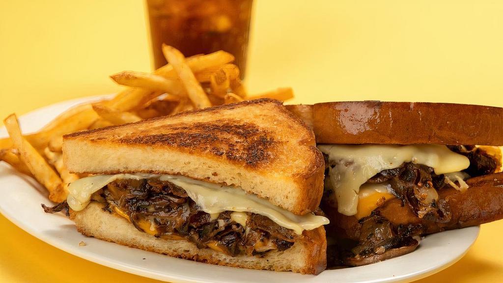 Cheesesteak Melt · Thinly-sliced steak sautéed with onions and mushrooms, American and Swiss cheese, and mayo on grilled Texas toast.