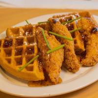 Chicken & Waffles  · Three chicken tenders over a waffle with powdered sugar, spicy honey drizzle and fresh chopp...