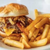 Texan Bbq Burger · Burger with 2 angus beef, American cheese, bacon, crispy onion, diced onion & Texan BBQ sauce