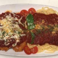 Chicken Parmigiana Dinner · Breaded Chicken Breast with Marinara and Melted Mozzarella Cheese with Spaghetti