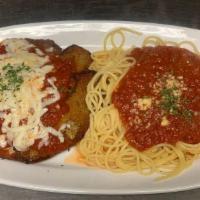 Eggplant Parmigiana Dinner · Breaded Eggplant with Marinara and Melted Mozzarella Cheese with Spaghetti