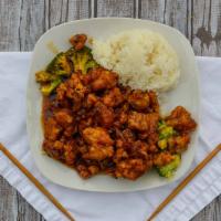 General Tso’S Chicken · Breaded and fried chicken with diced red and green peppers in a sweet and spicy sauce. Spicy.