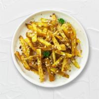 Crabby Goodness Fries · Idaho potato fries cooked until golden brown and garnished with salt and tossed in crab oil ...