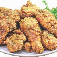 Lunch Wing Soy · 5 PCS wings with Soy Garlic Sauce two choices of sides for French Fries or Rice and Coleslaw