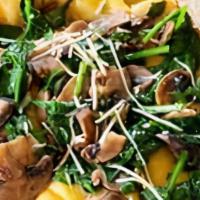 Cheese Ravioli Olio · These ravioli come lightly brazed in olive oil and butter with sautéed spinach and mushrooms...