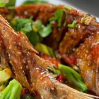 Pla Sam Ros   · Fried Fish Topped With Garlic Bell Pepper And Scallion In Thai Chili Sauce. Choice Of Whole ...